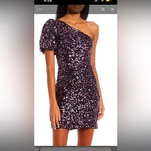 Midnight Doll One-Shoulder Puff Sleeve Sequin Mesh Dress